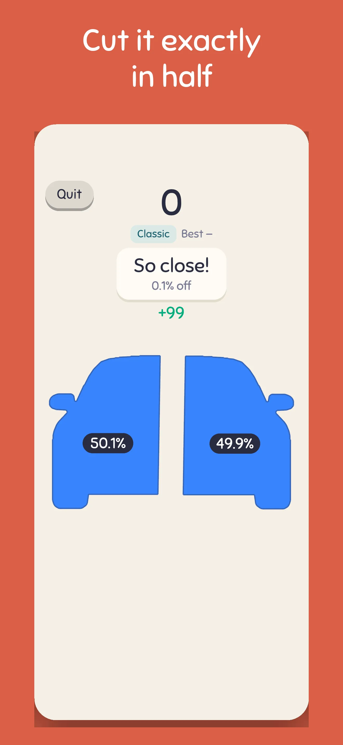 Half/Cut Classic mode: a car cut into 50.1% and 49.9%, earning 99 points.
